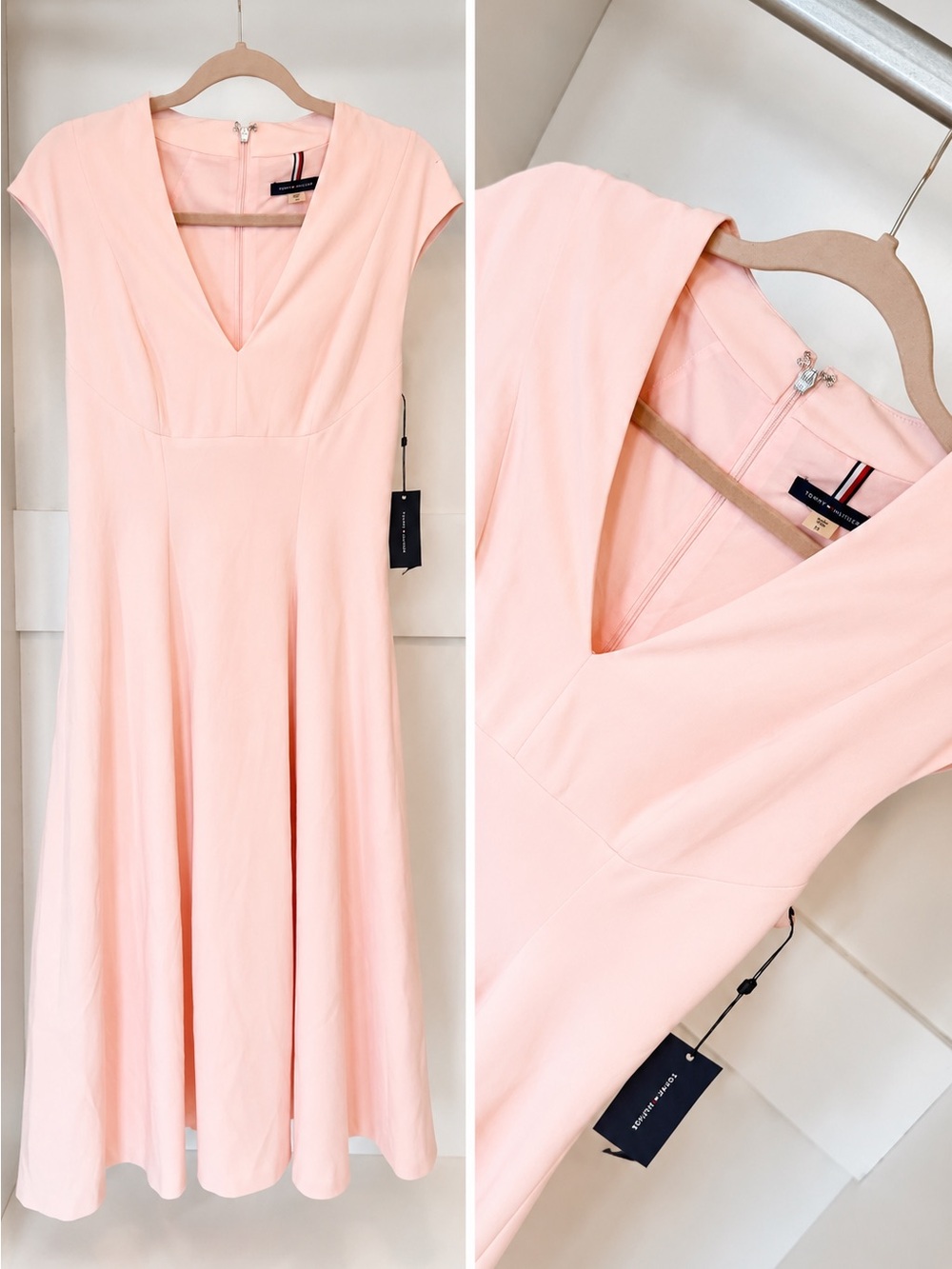 Tommy Hilfiger Light Pink V-Neck Fit-and-Flare Midi Dress